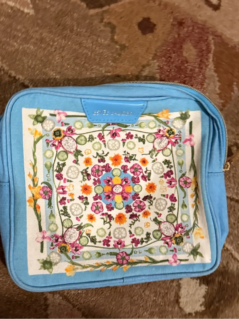 Estee Lauder Blue Floral Embroidered Cosmetic Case